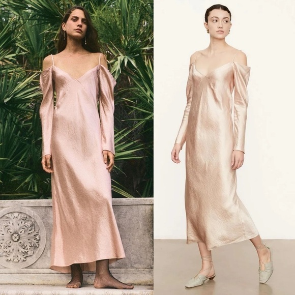 Vince Cold-Shoulder Draped Crinkled- Satin Midi Dress in Pearl Blush Pink - Picture 1 of 14